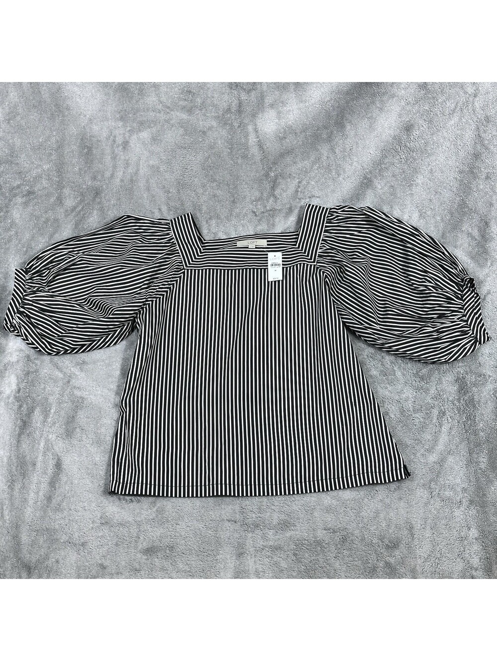 LOFT Women’s Size M Blouse Black & White Striped Square Neck Puff/Balloon Sleeve